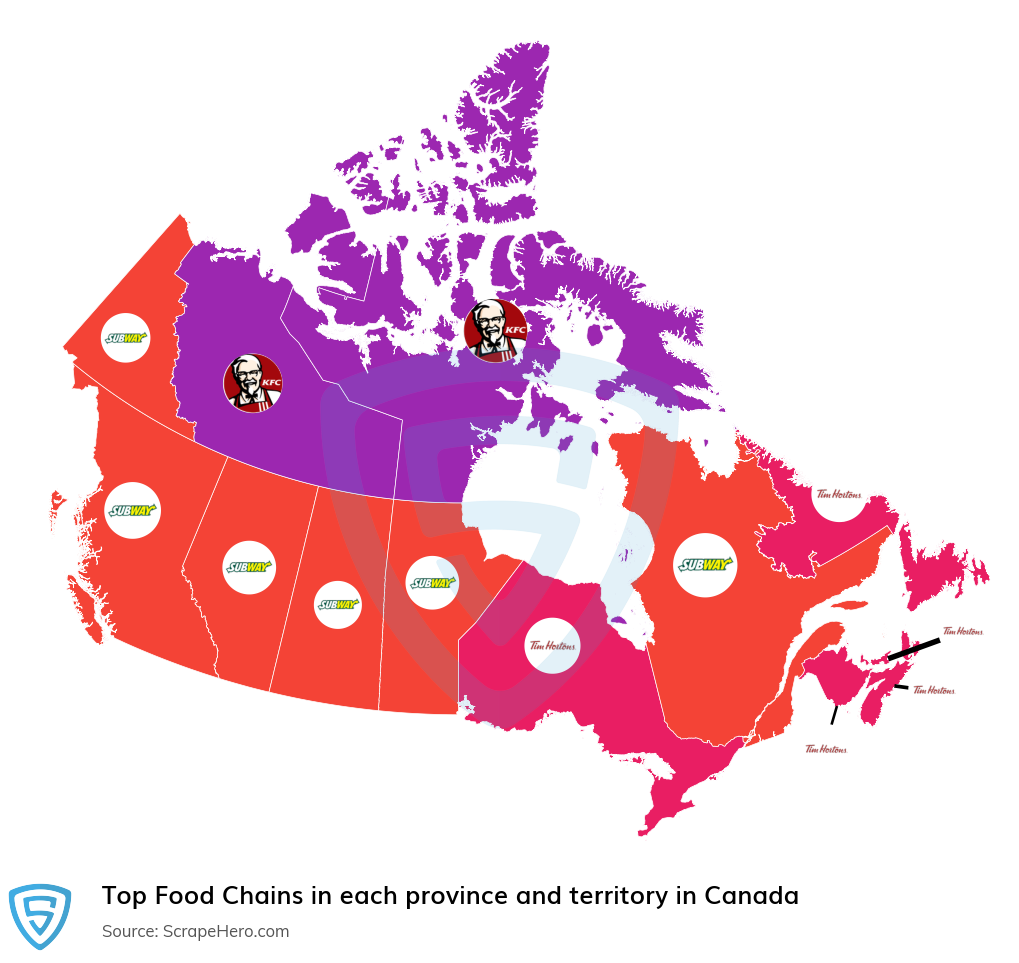 Map of top food chains in each province and territory in Canada in 2025