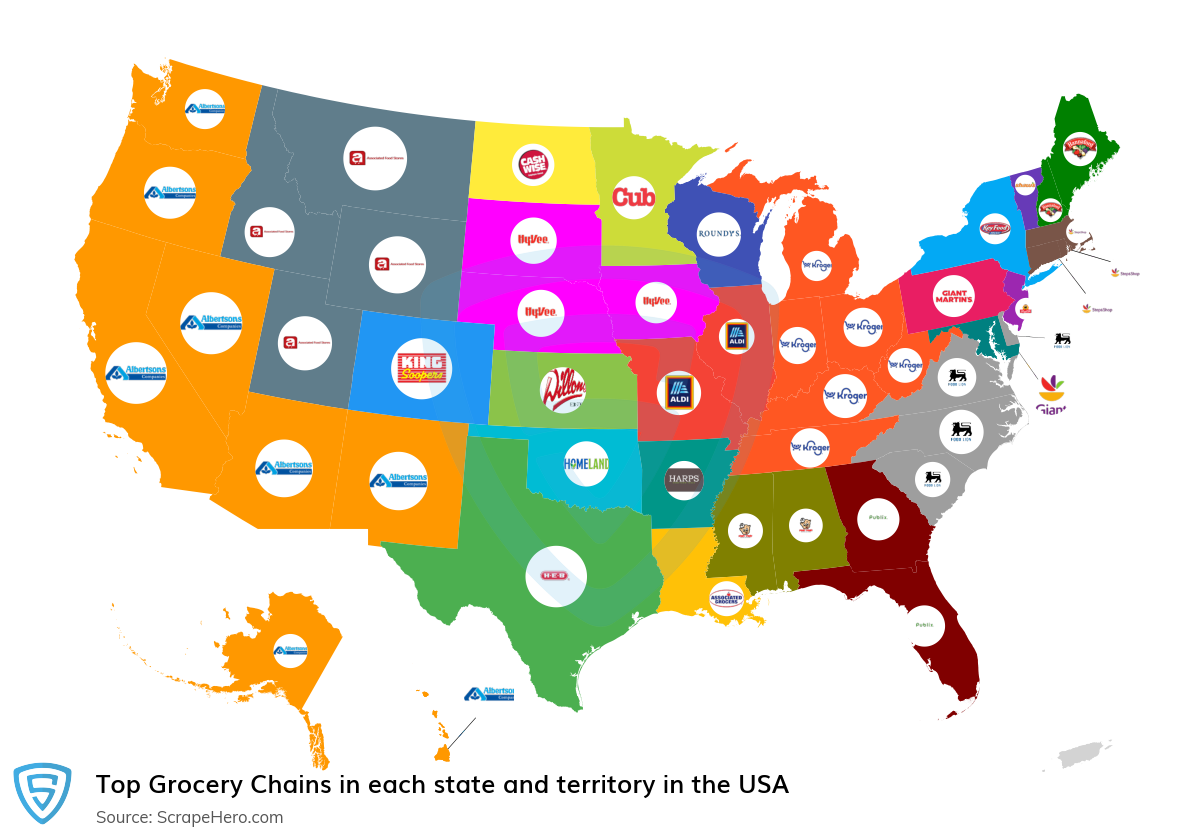 Map of top grocery chains in each state and territory in the United States in 2025